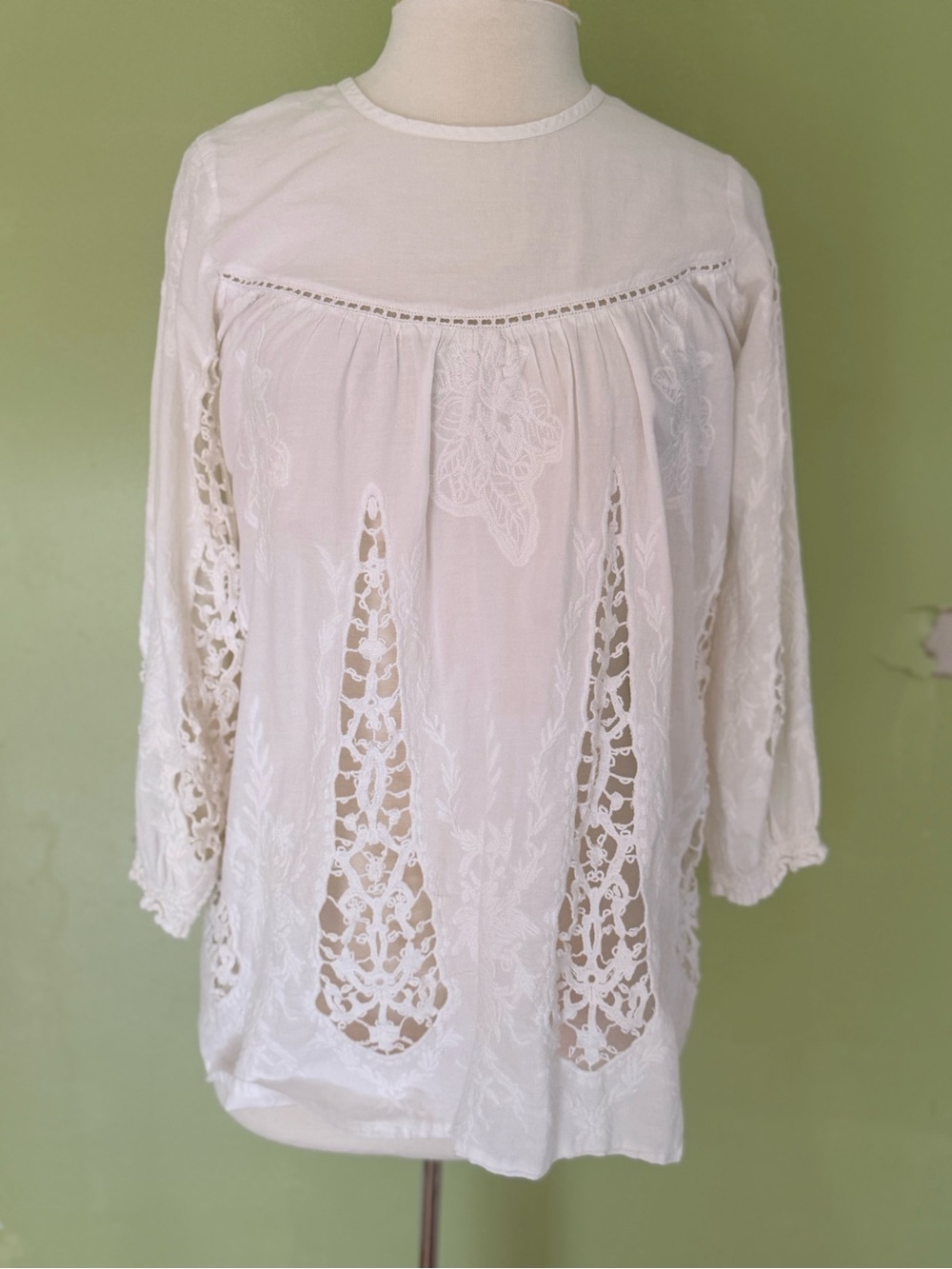 White Cotton Lace Inset Long-Sleeve Women's Top